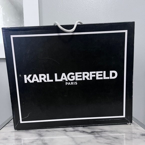 Karl Lagerfeld Shawna Black Suede Bootie With Clear Lucite Heel and Gold Design - Picture 6 of 7